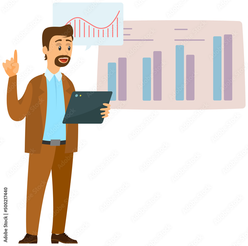 Poster man standing next to flipchart with diagram. presentation board with statistical data. business repo