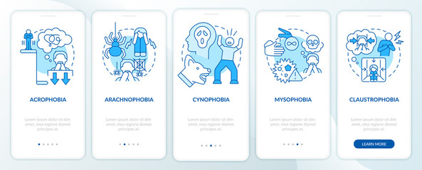 Most common phobias blue onboarding mobile app screen. Anxiety disorder walkthrough 5 steps graphic instructions pages with linear concepts. UI, UX, GUI template. Myriad Pro-Bold, Regular fonts used