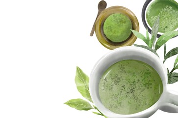 Organic Green Matcha Tea ceremony illustration isolated on white background. Japanese relax meditation lifestyle