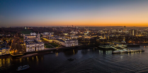 Fototapeta na wymiar Drone sunset shot of old royal naval college Greenwich