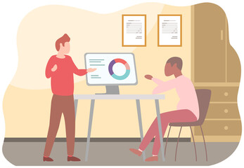 Manager makes presentation of statistical report analysis charts. Planning business. Teamwork consulting for project management, financial reporting and strategy. Data analysis research statistics