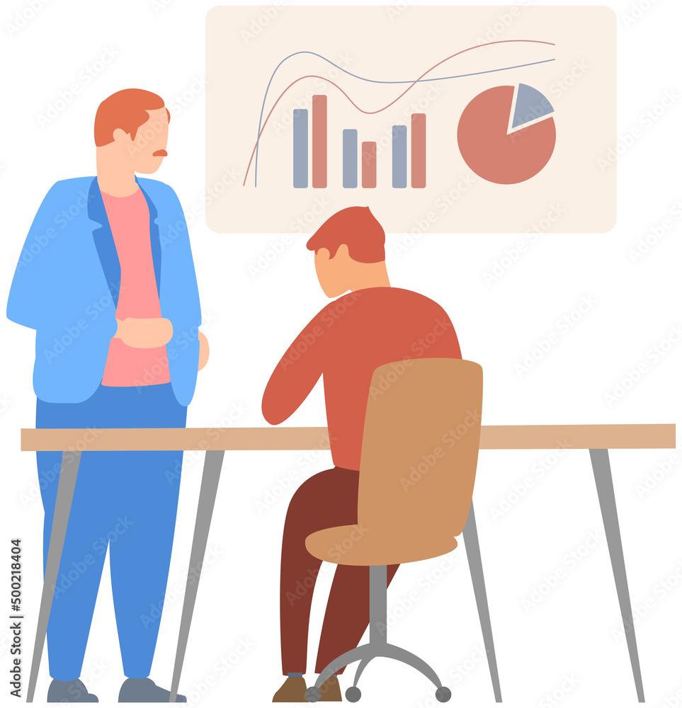 Poster manager makes presentation of statistical report analysis charts. planning business. teamwork consul