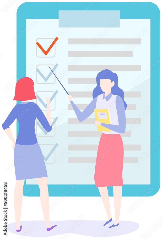 Aufkleber successful execution of tasks from check list. women create to-do list, daily plan. colleagues discu
