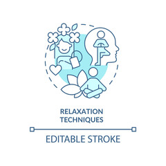 Relaxation techniques turquoise concept icon. Meditation and yoga. Treatment abstract idea thin line illustration. Isolated outline drawing. Editable stroke. Arial, Myriad Pro-Bold fonts used