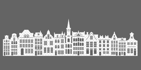 Obraz premium Frame with a cut-out silhouette of an old European city. Dutch houses of Amsterdam. Vector stencil illustration.