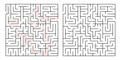Square maze, a simple logic game with labyrinths. Vector maze game.