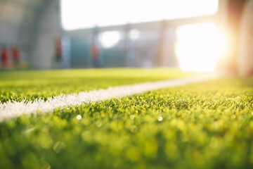 Soccer Pitch Background. Football Field Sideline at Sunny Day. Summer Day at Sports Field. Sunlight...