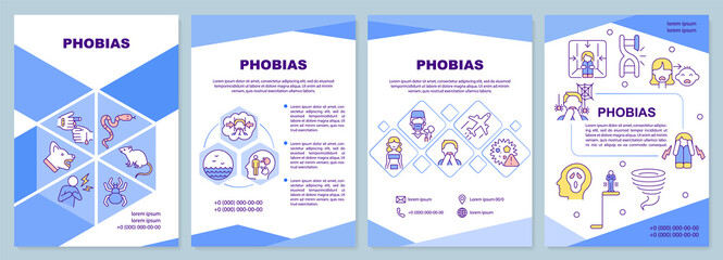 Naklejka premium Phobias brochure template. Anxiety disorder. Fear and panic. Leaflet design with linear icons. 4 vector layouts for presentation, annual reports. Arial-Black, Myriad Pro-Regular fonts used
