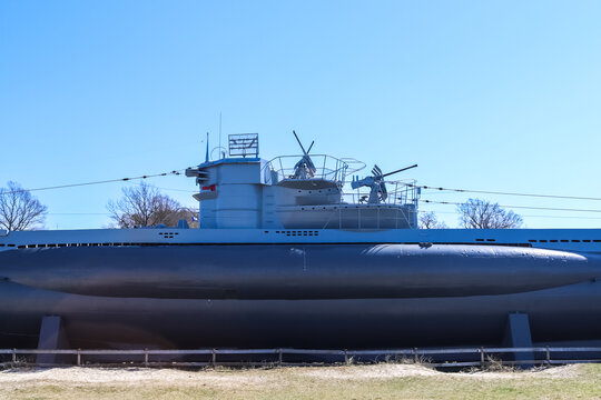 Laboe, Germany - 17. April 2022: Nice view at the submarine U-995 at the beach of Laboe in Germany on a sunny day