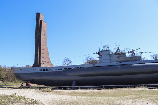 Laboe, Germany - 17. April 2022: Nice view at the submarine U-995 at the beach of Laboe in Germany on a sunny day