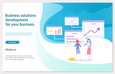 Business solutions development for your business concept. Women present data research, analysing statistics, graphics, diagrams, charts. Female workers making financial analytics, planning strategy
