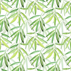 Seamless background with green bamboo leaves. Watercolor pattern.