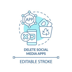 Delete social media apps turquoise concept icon. Break social networks addiction abstract idea thin line illustration. Isolated outline drawing. Editable stroke. Arial, Myriad Pro-Bold fonts used