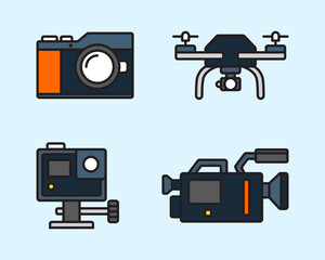 Obraz premium set of cameras vector illustration. collection of modern digital camera in flat design style. professional photography and film tools