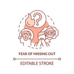 Fear of missing out terracotta concept icon. Following news. Downside of social media abstract idea thin line illustration. Isolated outline drawing. Editable stroke. Arial, Myriad Pro-Bold fonts used