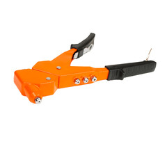 Hand rivet pliers is tool for attaching riveter. Orange rivet pliers with black handle isolated over white background