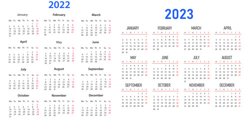 Horizontal vector design of 2022 and 2023 year calendars.
2022 and 2023 calendar on white background for organization and business. The week starts on Monday.