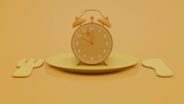 Monochromatic clock on yellow plate with fork and spoon background, Break time idea concept. The beginning of time 11.45 run fast to 12.00. Timelapse moving fast. 3d render