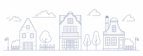 Europe neighborhood houses. Holland suburban with cozy homes. Facades of old traditionsl buildings in Netherlands. Outline vector illustration.