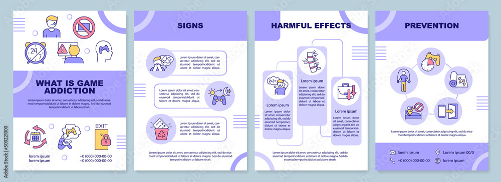 Wall mural What is game addiction purple brochure template. Signs and effects. Leaflet design with linear icons. 4 vector layouts for presentation, annual reports. Arial-Black, Myriad Pro-Regular fonts used