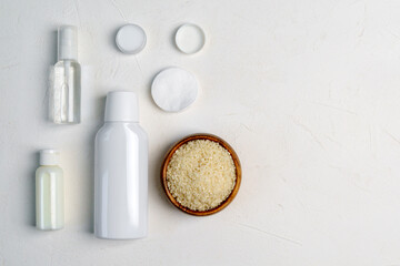 Rice for skin care face cleansing cosmetic product. Natural beauty treatment hygiene. Fermented beauty care concept. Copy space