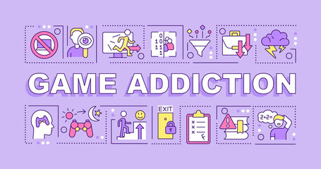 Game addiction word concepts purple banner. Obsession with videogames. Infographics with icons on color background. Isolated typography. Vector illustration with text. Arial-Black font used