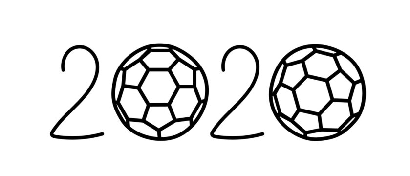 Football lettering 2020 with two balls. Line art, vector