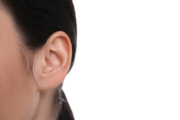 Woman on white background, closeup of ear