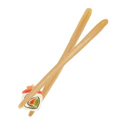 Watercolor roll with salmon roe in shushi sticks. Cute hand drawn cartoon illustration for asian food menu, stickers, wall art, branding logo