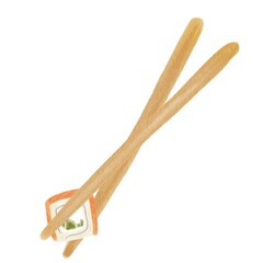 Watercolor roll philadelphia with salmon, avocado and creme in shushi sticks. Cute hand drawn cartoon illustration for asian food menu, stickers, wall art, branding logo
