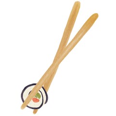 Watercolor roll with salmon in shushi sticks. Cute hand drawn cartoon illustration for asian food menu, stickers, wall art, branding logo
