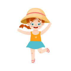 Happy girl in straw hat on summer vacation. Cute baby girl with red hair and freckles jumping.