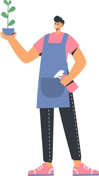 Flat vector illustration. A happy male gardener is holding a flower in a pot. Spraying the plant with a sprayer. Positive Florist. 