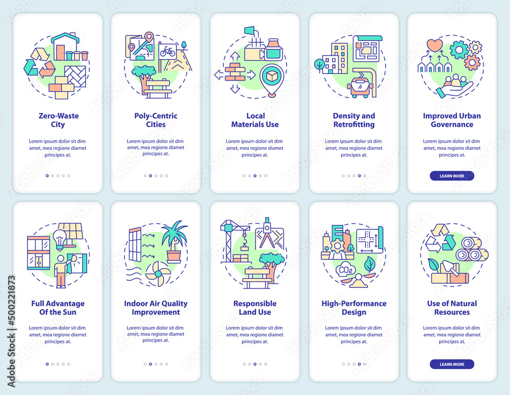 Poster green design principles in architecture onboarding mobile app screen set. walkthrough 5 steps graphi