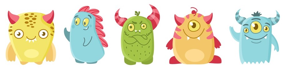 Vector set for children's illustration. Cute toothy monsters. Little dinosaurs.