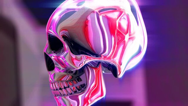 Seamless animation of water skull with deformation and reflections. Cool metallic Halloween background