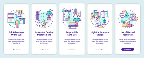 Sustainable architecture principles onboarding mobile app screen. Walkthrough 5 steps graphic instructions pages with linear concepts. UI, UX, GUI template. Myriad Pro-Bold, Regular fonts used