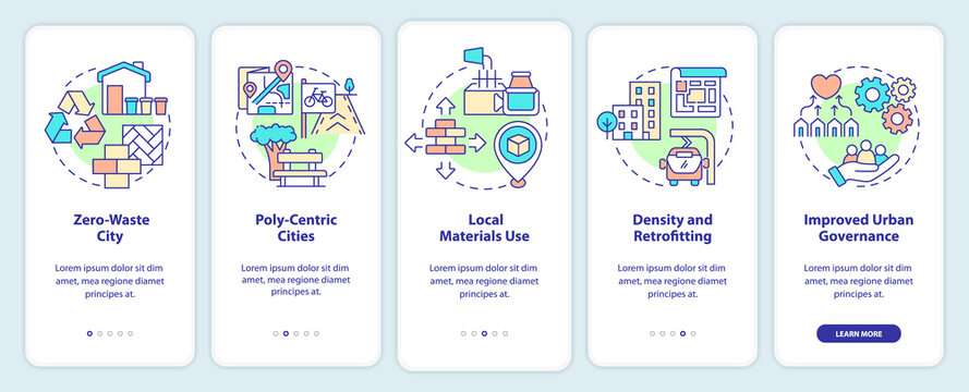Green urbanism principles onboarding mobile app screen. Zero waste city walkthrough 5 steps graphic instructions pages with linear concepts. UI, UX, GUI template. Myriad Pro-Bold, Regular fonts used