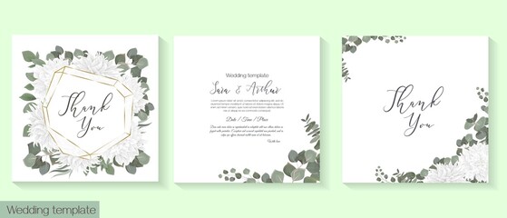 Fototapeta na wymiar Vector template for wedding invitation. White dahlia, eucalyptus, green leaves and plants, round frame.