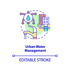 Urban water management concept icon. Conserving urban biodiversity abstract idea thin line illustration. Manage freshwater. Isolated outline drawing. Editable stroke. Arial, Myriad Pro-Bold fonts used
