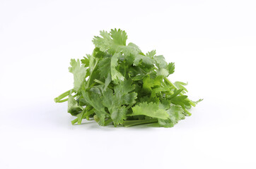 Obraz premium Sliced coriander leaves placed on a white background. It is an edible herb that smells good. It is used for cooking and decorating food.