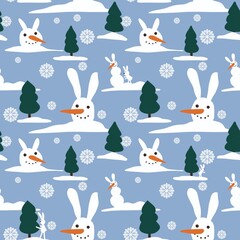 Fototapeta premium Winter seamless snowman rabbit pattern for fabrics and packaging and gifts and cards and kids and wrapping paper