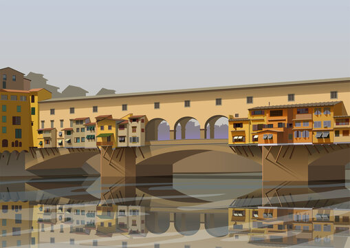 Bridge in Florence Ponte Vecchio over the river Arno. Vector.