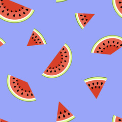 Watermelon pieces seamless pattern. Cut watermelon, piece, bit on purple. Flat, vector