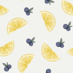 Slice of lemon with blueberry. Seamless pattern.