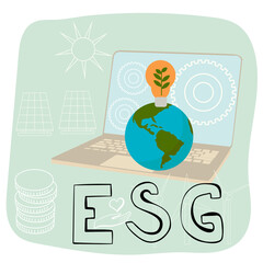 ESG environmental social government concept with laptop, earth, bulb 