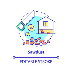 Sawdust concept icon. Alternative building material abstract idea thin line illustration. Eco-friendly solution for waste. Isolated outline drawing. Editable stroke. Arial, Myriad Pro-Bold fonts used