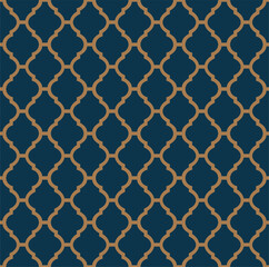 Art deco line art. Moroccan grid pattern in gold and blue color. Decorative seamless background.