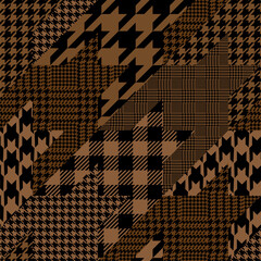 Brown houndstooth plaid patchwork. Glen check collage fabric swatch.