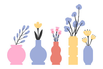 Collection of holiday posters with flower bouquets in vases. Vintage vector botanical illustration on Easter card